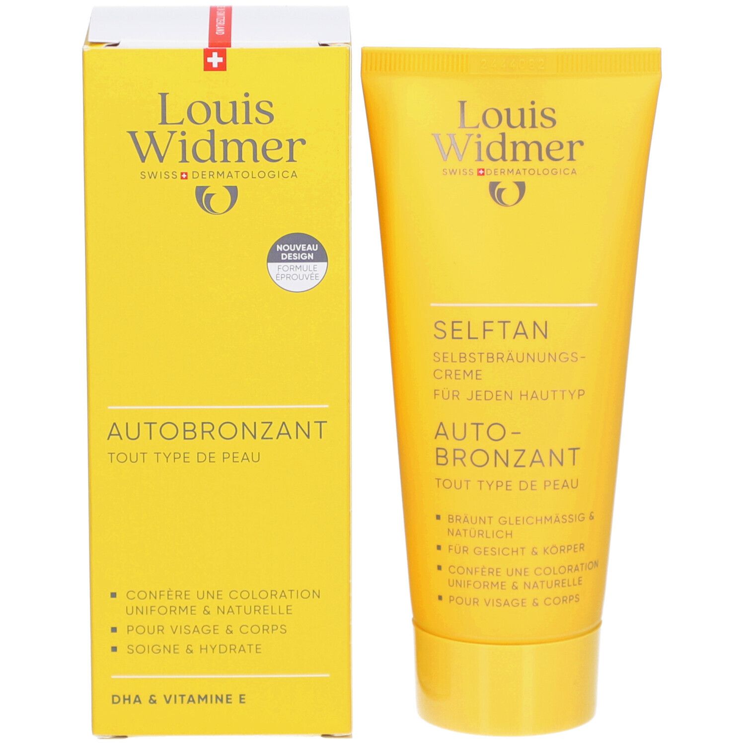 Gelbe Schachtel und Tube. "Louis Widmer" und "Selftan" Aufschrift. Text in Deutsch und Französisch. Für jeden Hauttyp.