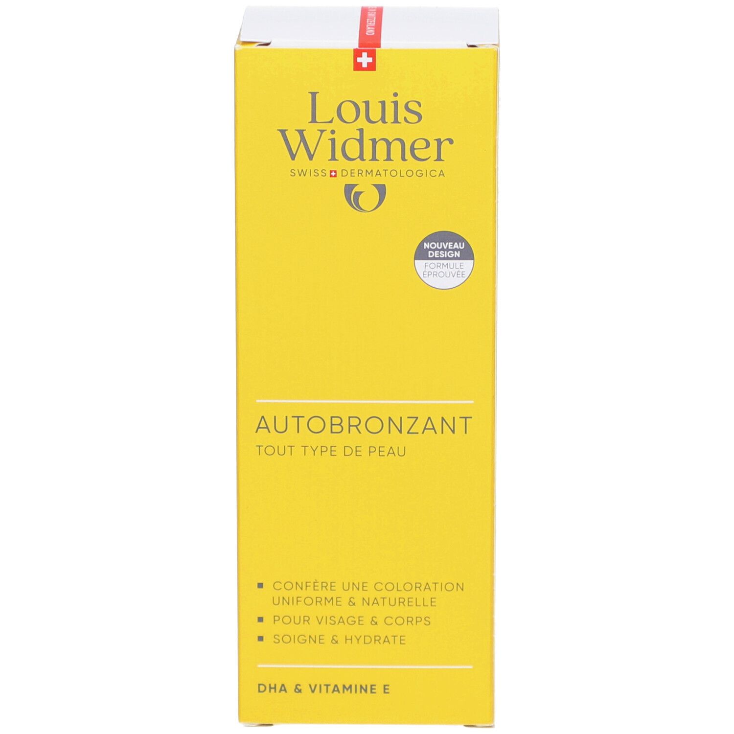 Gelbe Schachtel mit "Louis Widmer" und "Autobronzant" Aufschrift. Text in Deutsch und Französisch. Mit Inhaltsstoffen.
