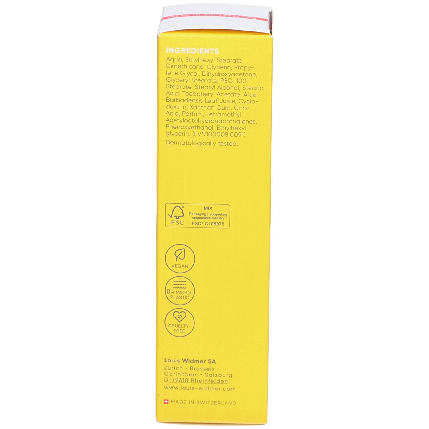 Rückseite der gelben Schachtel. Auflistung der Inhaltsstoffe. Vegan, ohne Mikroplastik, tierversuchsfrei.