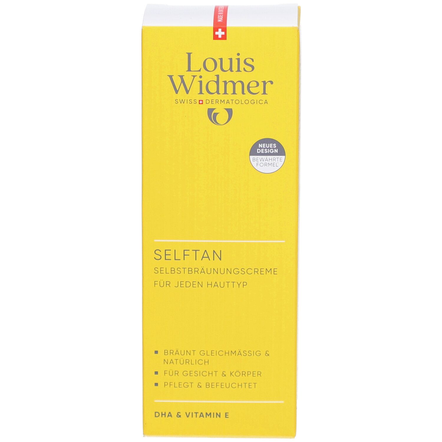 Gelbe Schachtel mit "Louis Widmer" und "Selftan" Aufschrift. Text in Deutsch. Für jeden Hauttyp. Neues Design.