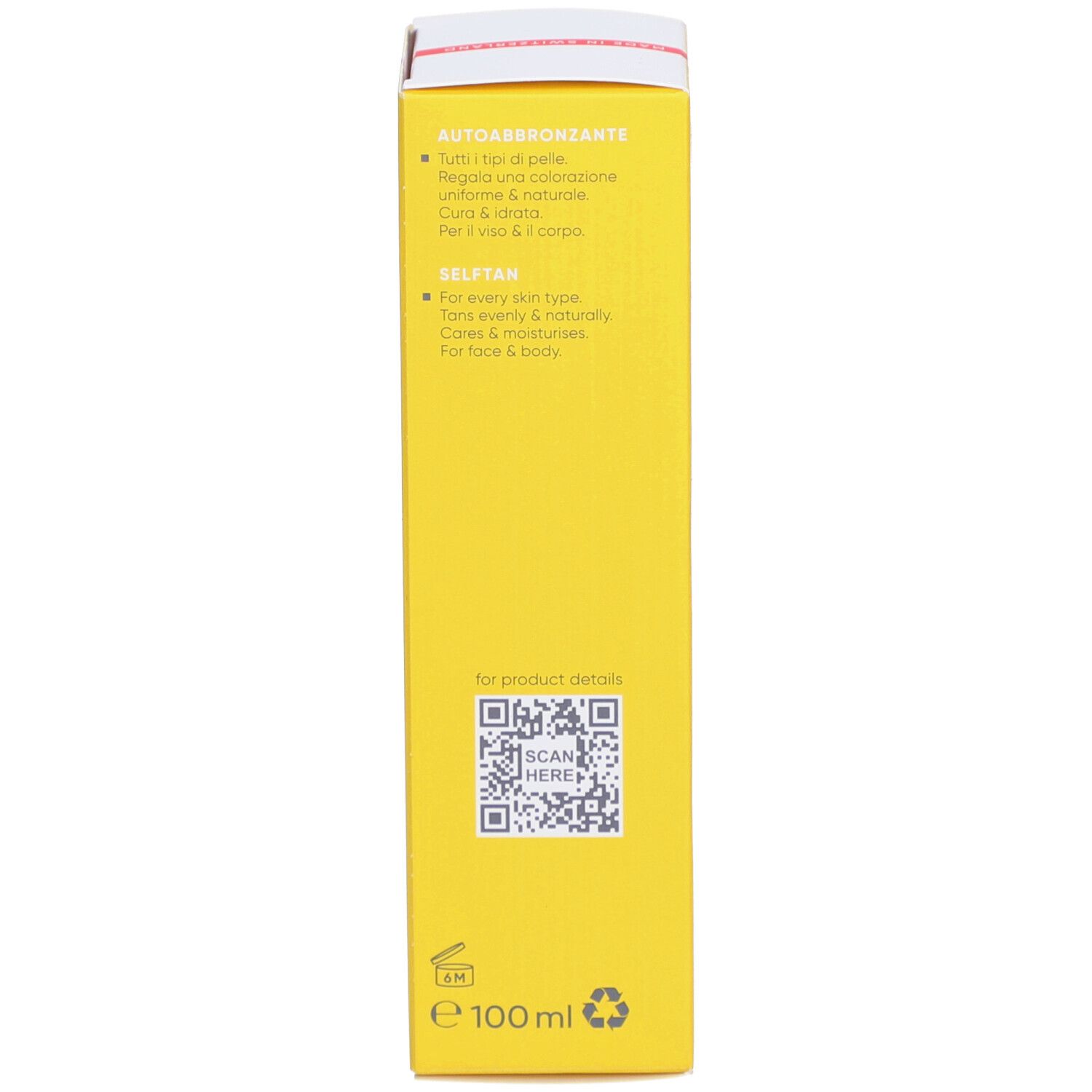 Rückseite der gelben Schachtel. Text in mehreren Sprachen. QR-Code. 100 ml. Vegan, ohne Mikroplastik, tierversuchsfrei.