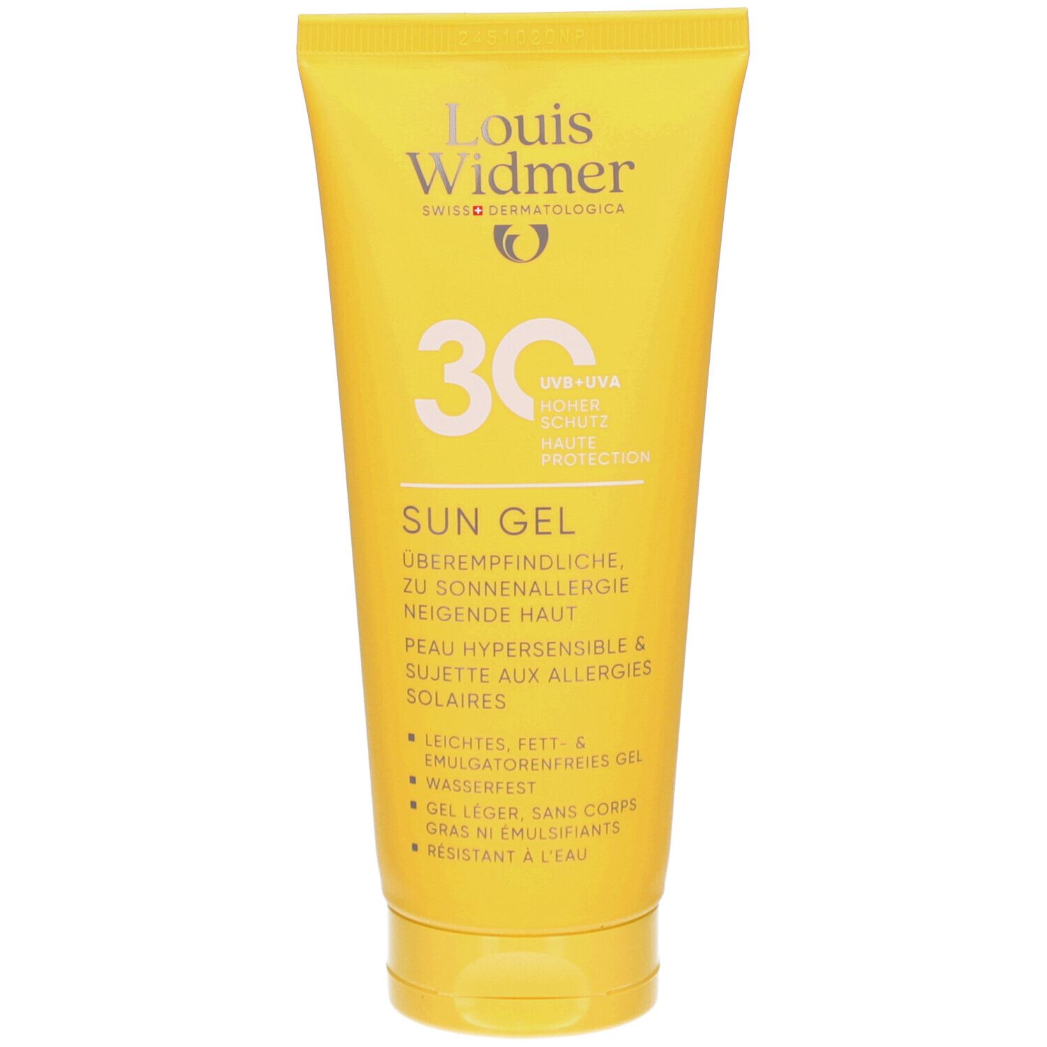 Tube jaune Louis Widmer Sun Gel SPF 30. Texte: Sun Gel, pour peaux sensibles au soleil. Logo et texte: Louis Widmer.