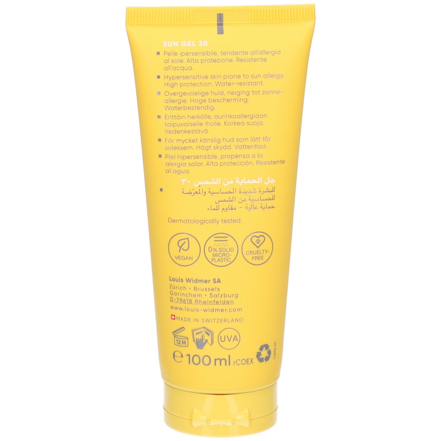 Dos du tube jaune Louis Widmer Sun Gel SPF 30. Texte: Sun Gel, pour peaux sensibles au soleil. Logos: Vegan, 0% parfum, Cruelty Free.