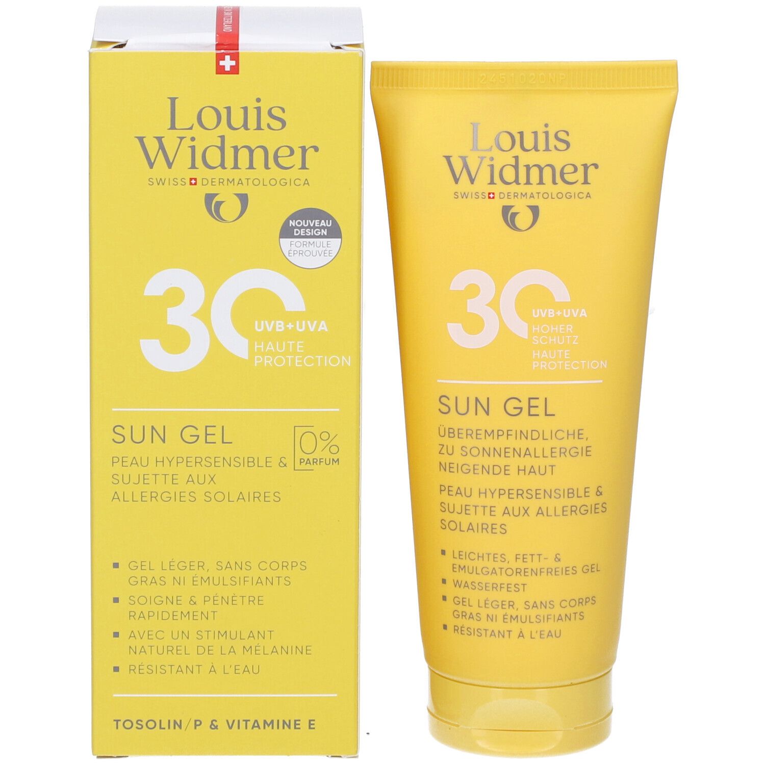 Louis Widmer Sun Gel SPF 30 avec emballage. Tube et boîte jaunes. Texte: Sun Gel, pour peaux sensibles au soleil. Logo: Louis Widmer.