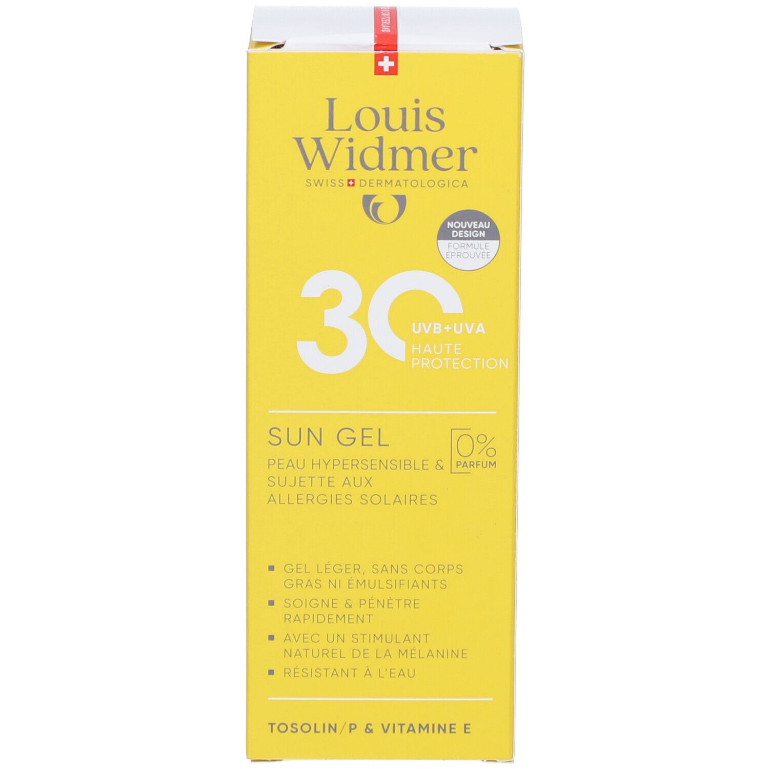 Boîte jaune Louis Widmer Sun Gel SPF 30. Texte: Sun Gel, pour peaux sensibles au soleil. Logo: Louis Widmer. 0% parfum.
