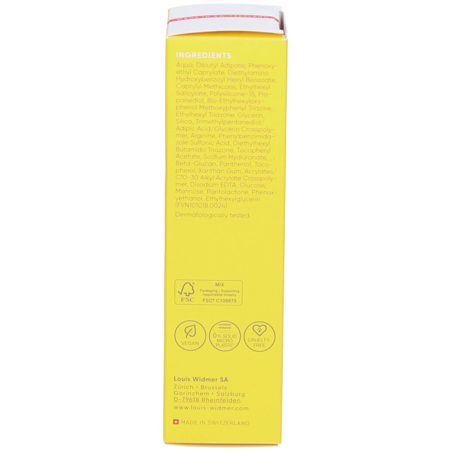 Dos de la boîte jaune Louis Widmer Sun Gel SPF 30. Texte: Ingrédients. Logos: Vegan, 0% parfum, Cruelty Free.