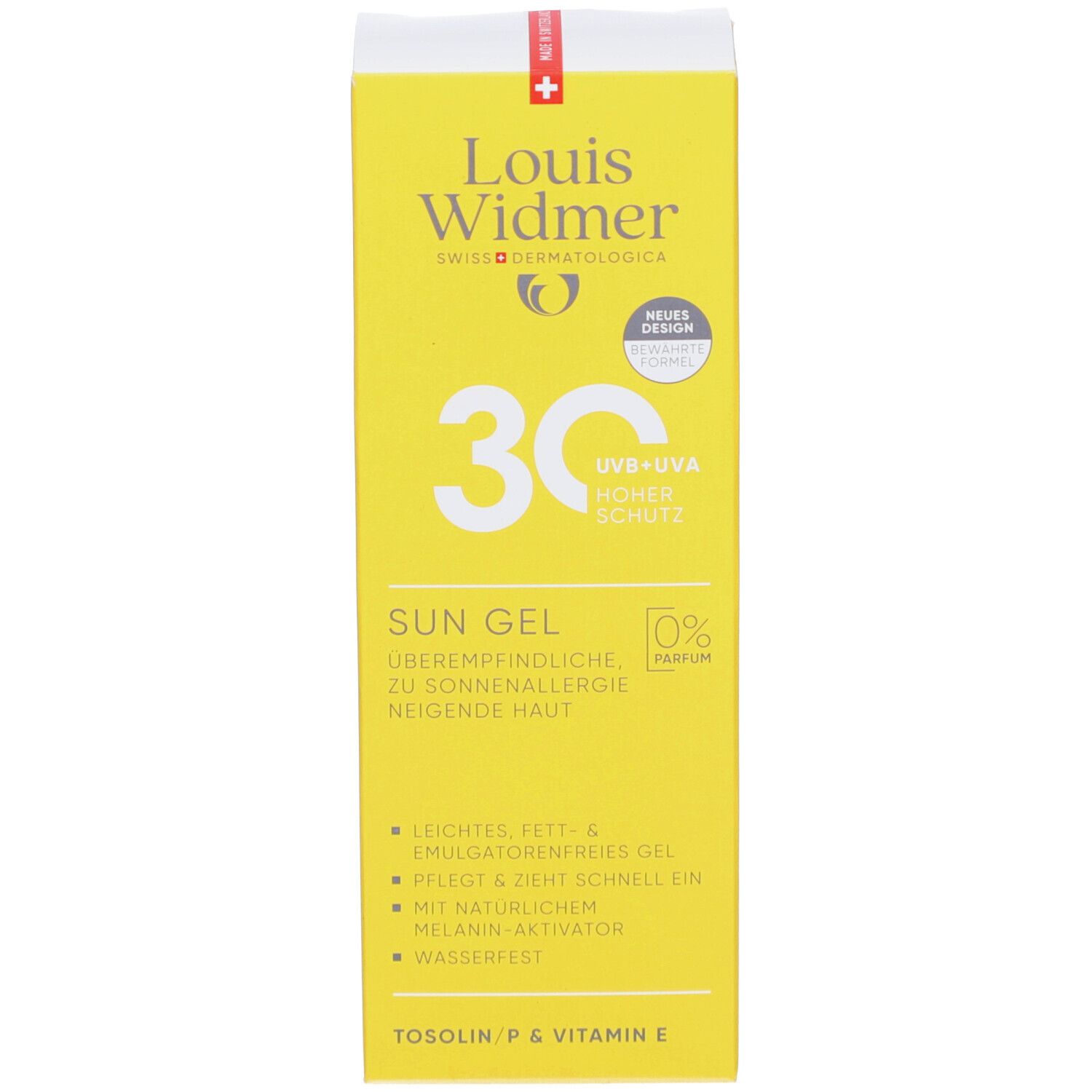 Boîte jaune Louis Widmer Sun Gel SPF 30. Texte: Sun Gel, pour peaux sensibles au soleil. Logo: Louis Widmer. 0% parfum.