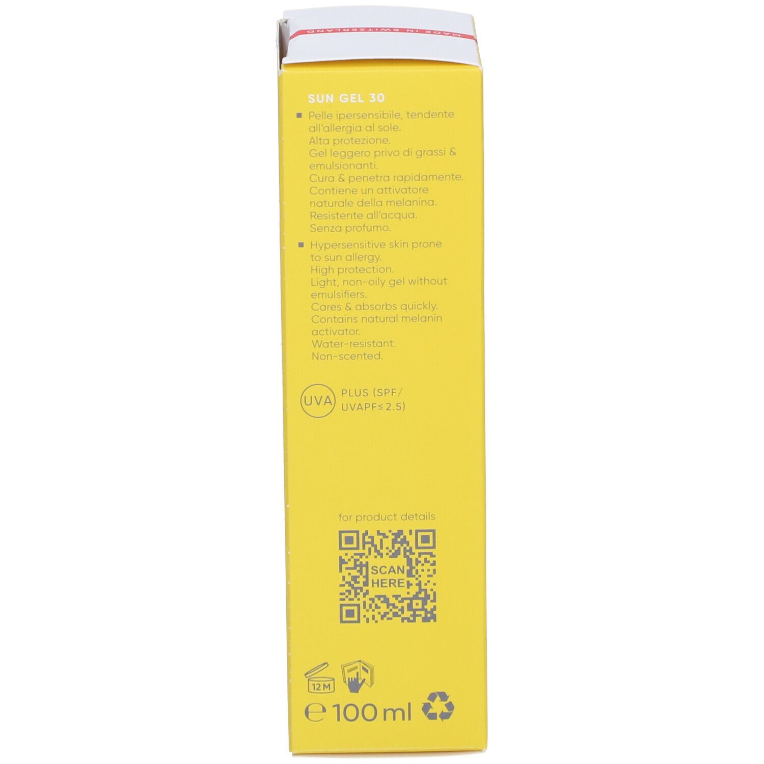 Dos de la boîte jaune Louis Widmer Sun Gel SPF 30. Texte: Sun Gel, pour peaux sensibles au soleil. Code QR. 100 ml.