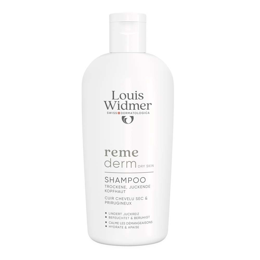 Flacon blanc Louis Widmer remederm Shampoo. Texte: Cuir chevelu sec et prurigineux. Logo et nom du produit.