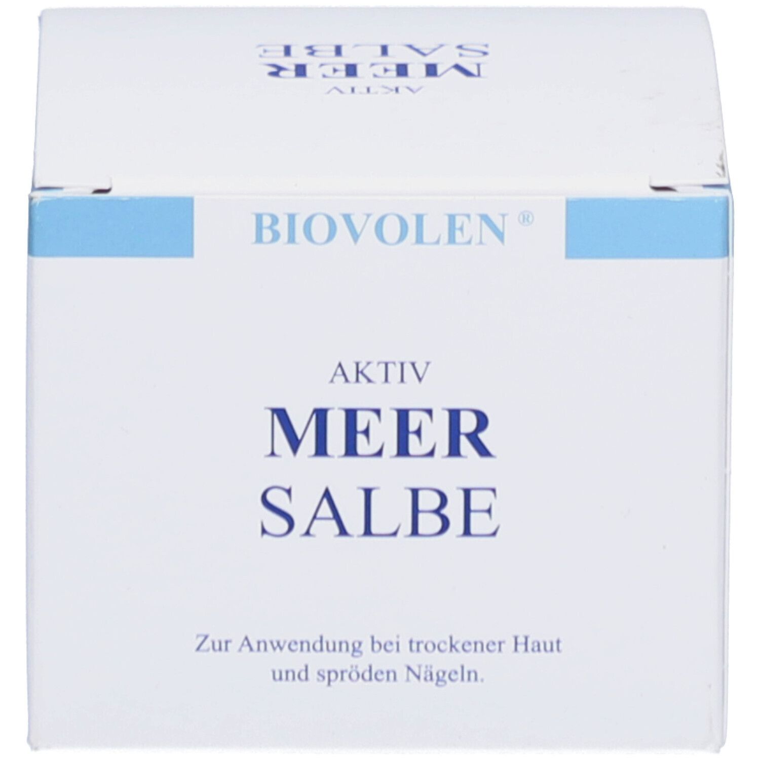 Weißer Karton. Aufschrift: BIOVOLEN AKTIV MEER SALBE. Text.