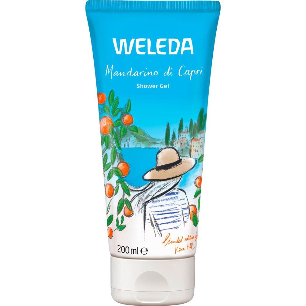 Tube bleu clair avec illustration et texte. Weleda Mandarino di Capri Gel douche. 200ml.