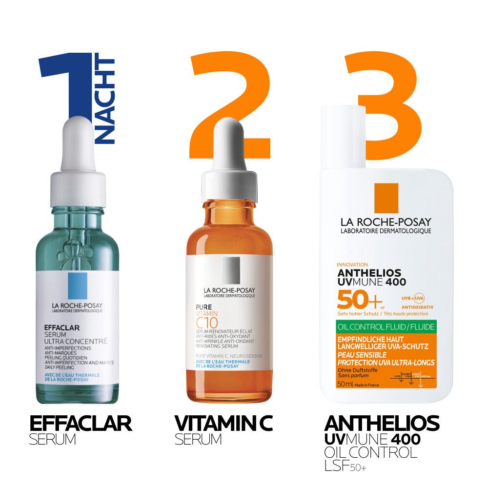 Produits La Roche-Posay: Effaclar Sérum, Sérum Vitamine C et Anthelios UVMune 400 Fluide Oil Control SPF 50+ crème solaire.