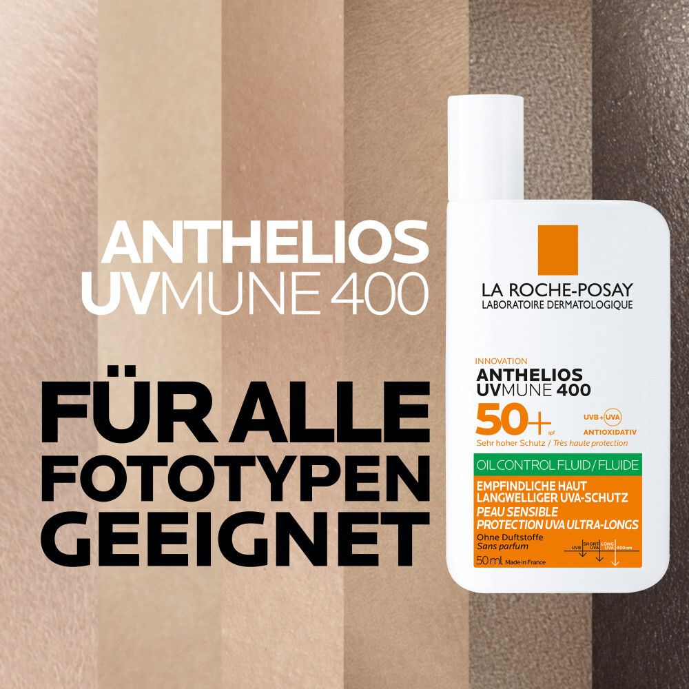 La Roche-Posay Anthelios UVMune 400 crème solaire. Convient à tous les phototypes. Montre différentes carnations.