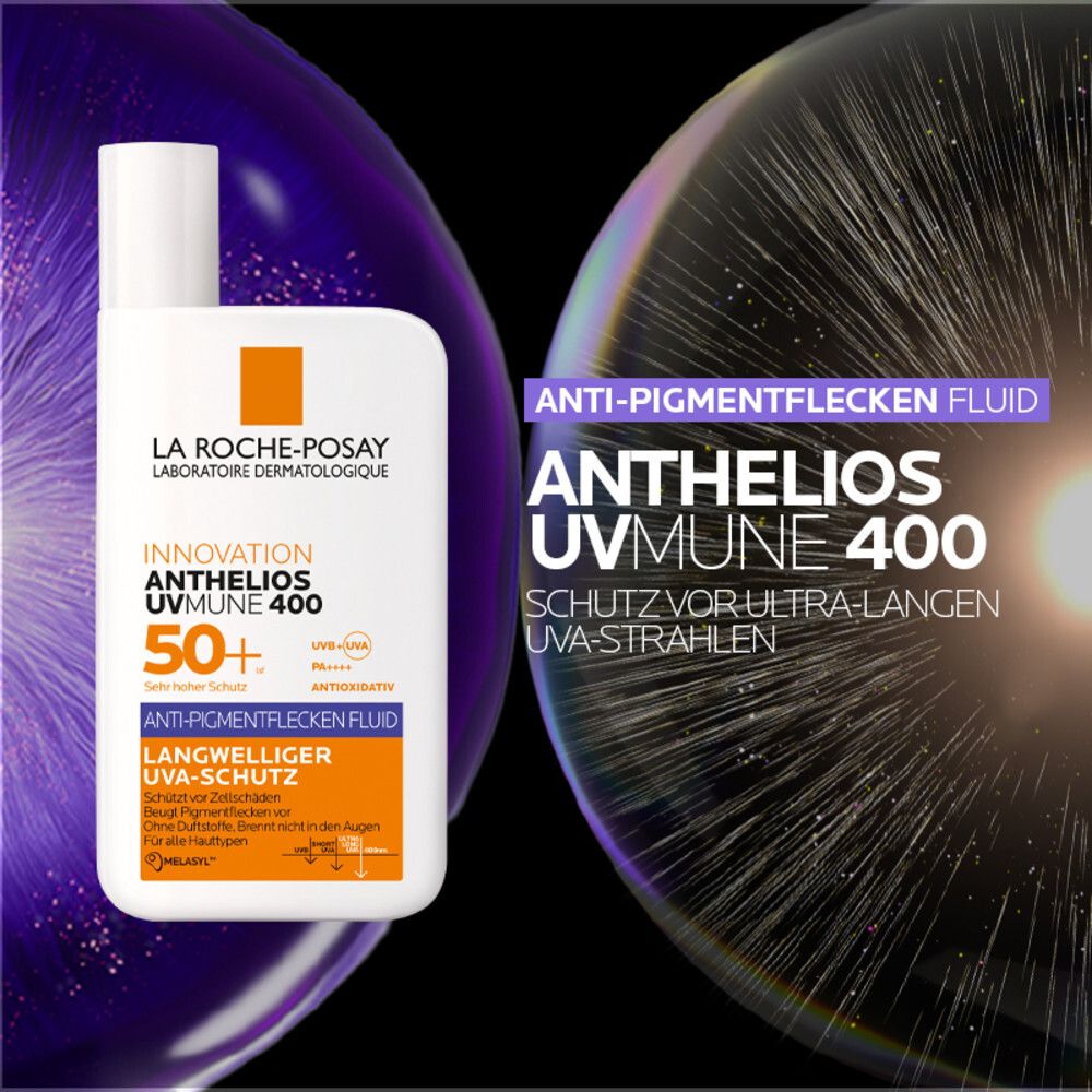 La Roche-Posay Anthelios UVMune 400 Fluide Anti-Taches. Fond noir avec éléments violets et jaunes.