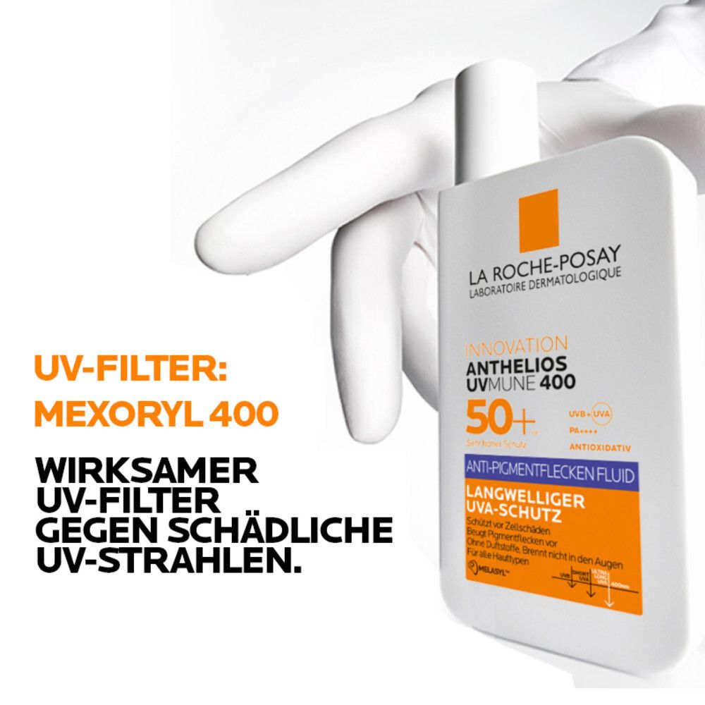 La Roche-Posay Anthelios UVMune 400, SPF 50+. Texte: Filtre UV: Mexoryl 400. Filtre UV efficace contre les UV nocifs.