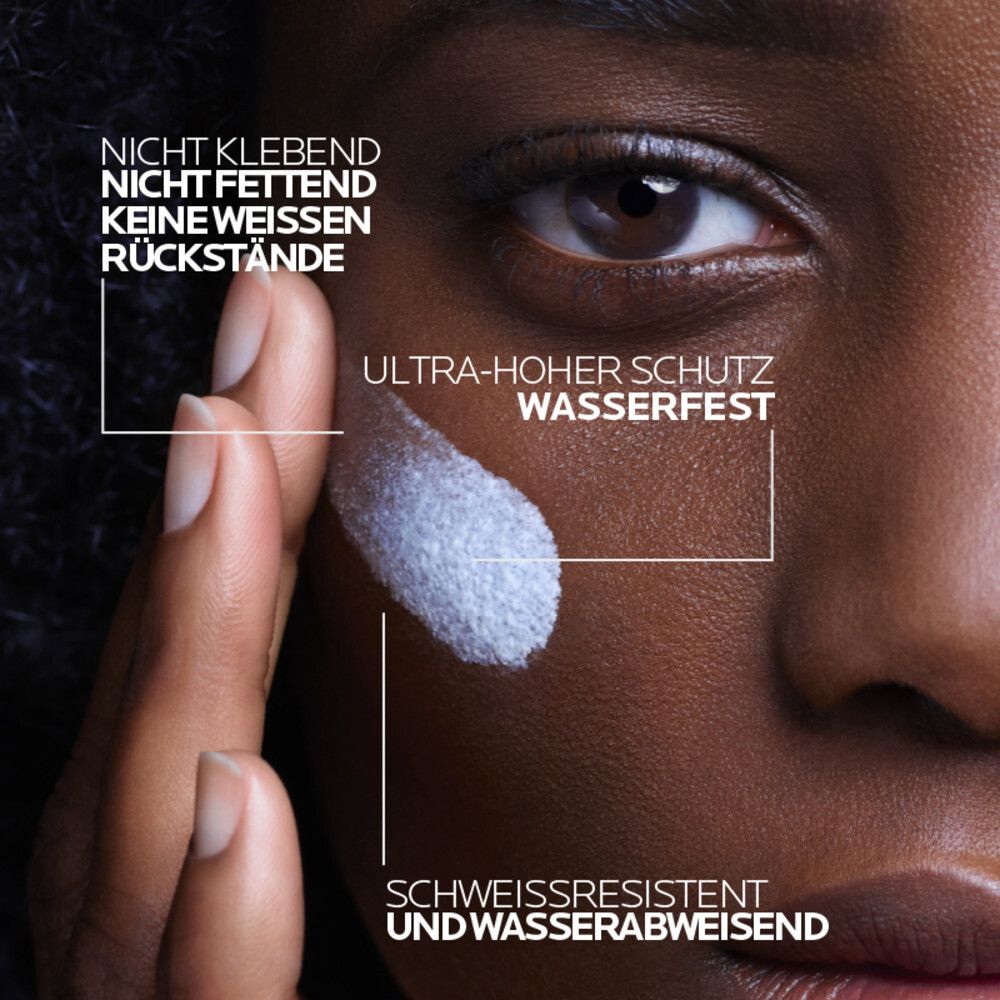 Peau avec fluide appliqué. Texte: Ultra-haute protection, résistant à l'eau, non collant, non gras, résistant à la transpiration.