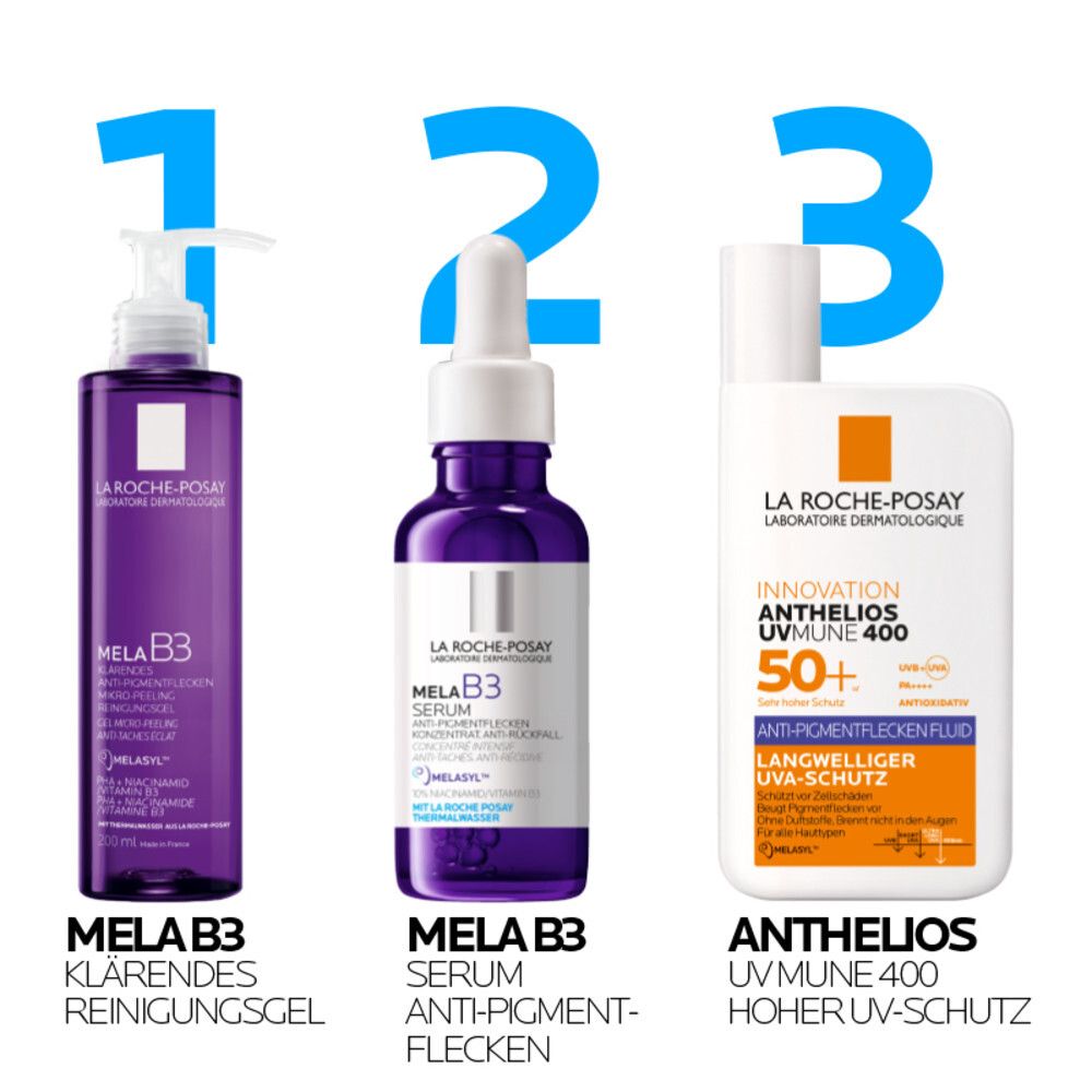 Trois produits: Mela B3 Gel Nettoyant, Mela B3 Sérum, Anthelios UVMune 400. Tous de La Roche-Posay.