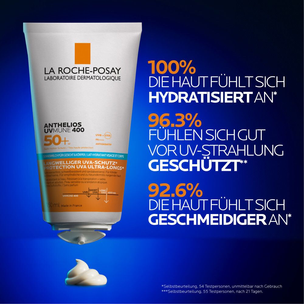 La Roche-Posay Anthelios UVmune 400 LSF 50+ lait. Tube blanc avec texte. 100% hydratée, 96,3% protection UV, 92,6% souple.