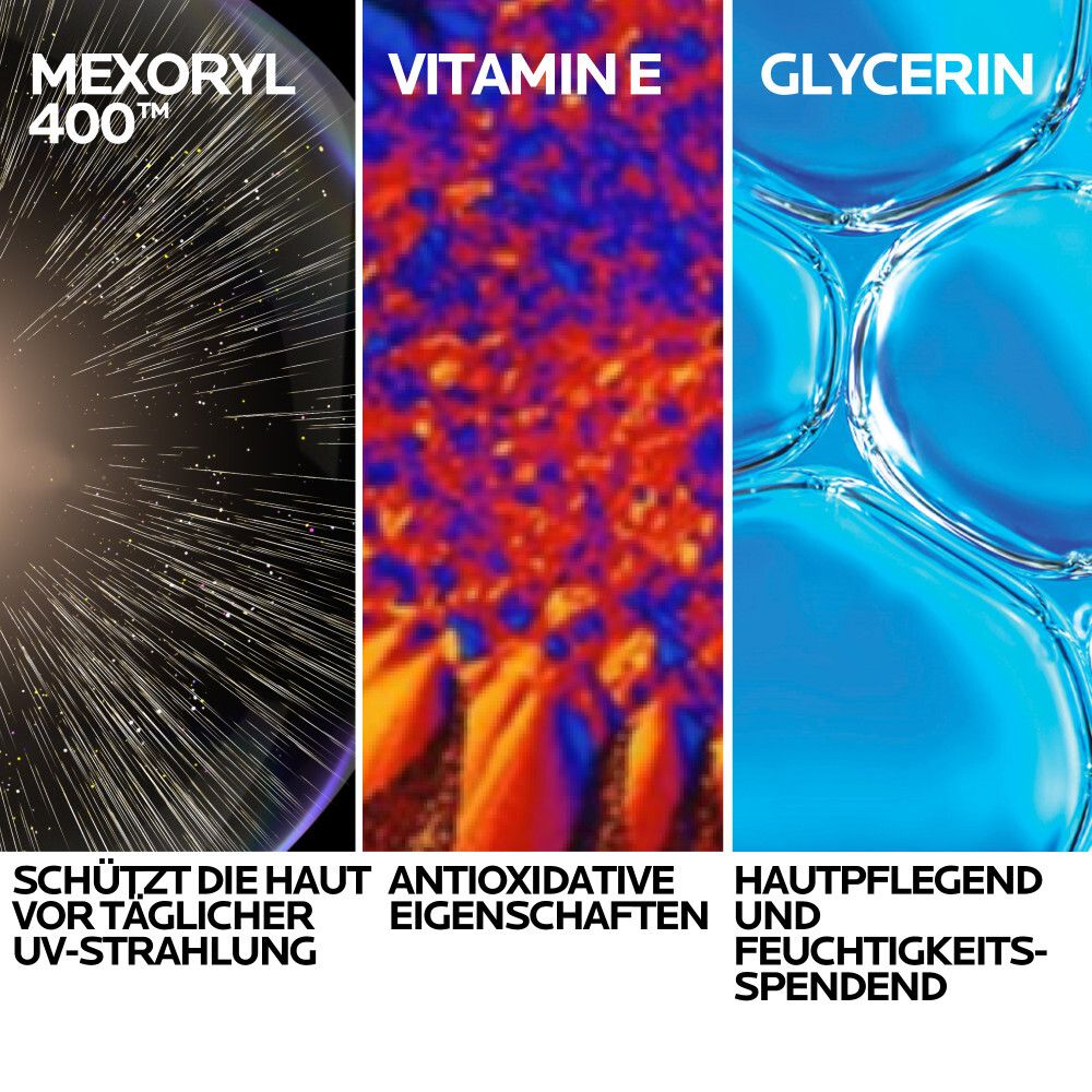 Gros plan sur les ingrédients : Mexoryl 400, vitamine E, glycérine. Texte : Protection UV, antioxydant, hydratant.
