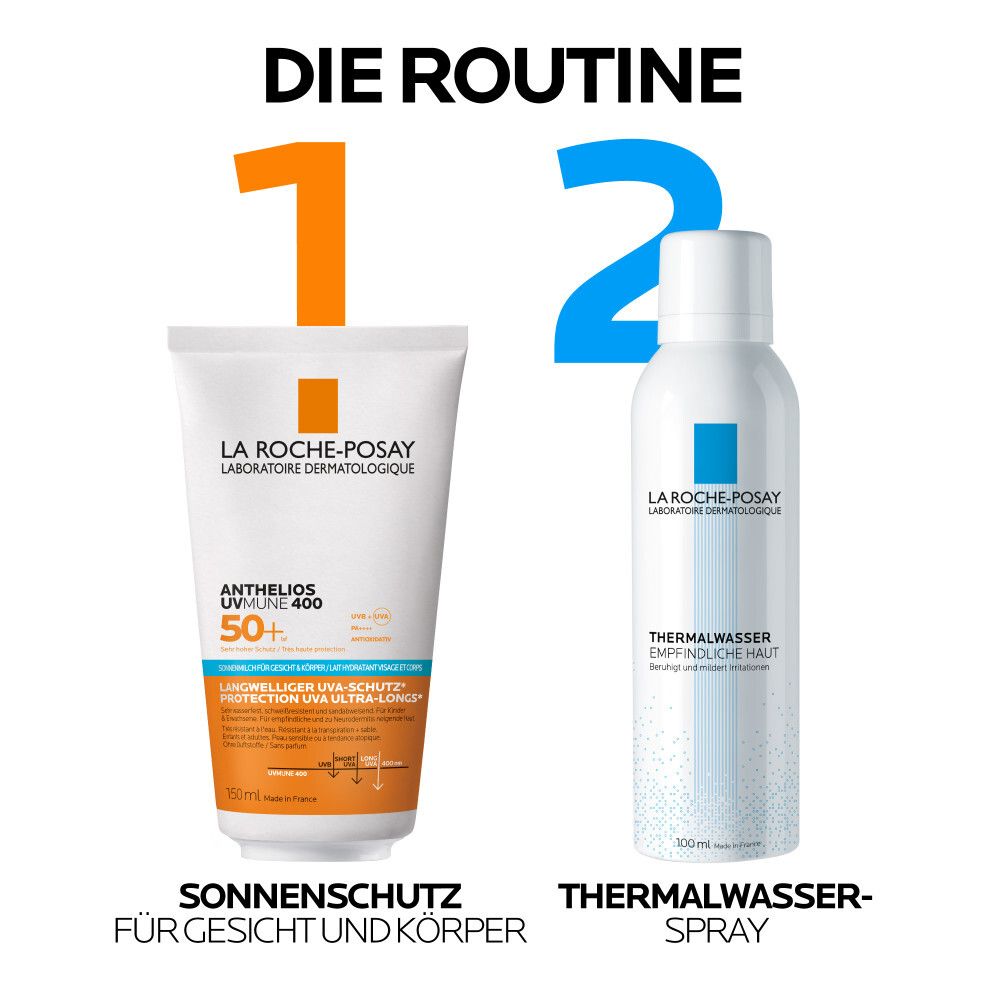 La Roche-Posay Anthelios UVmune 400 LSF 50+ et spray d'eau thermale. Protection solaire visage et corps.