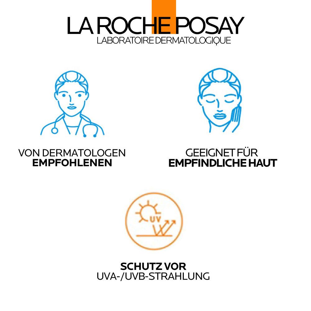 Logo La Roche-Posay et pictogrammes. Recommandé par les dermatologues. Convient aux peaux sensibles. Protection UVA/UVB.