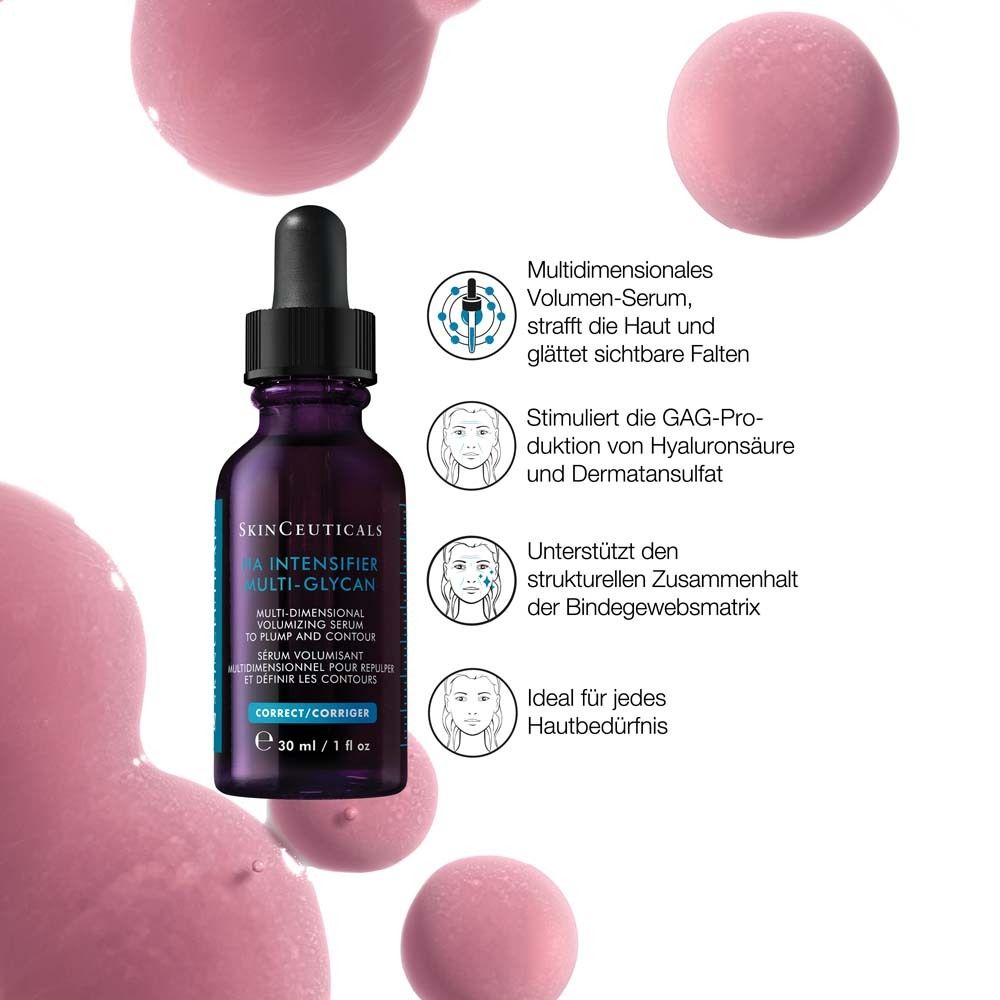 Flasche mit Pipette, umgeben von rosa Kugeln. Text: SkinCeuticals HA Intensifier Multi-Glycan. Volumen-Serum.