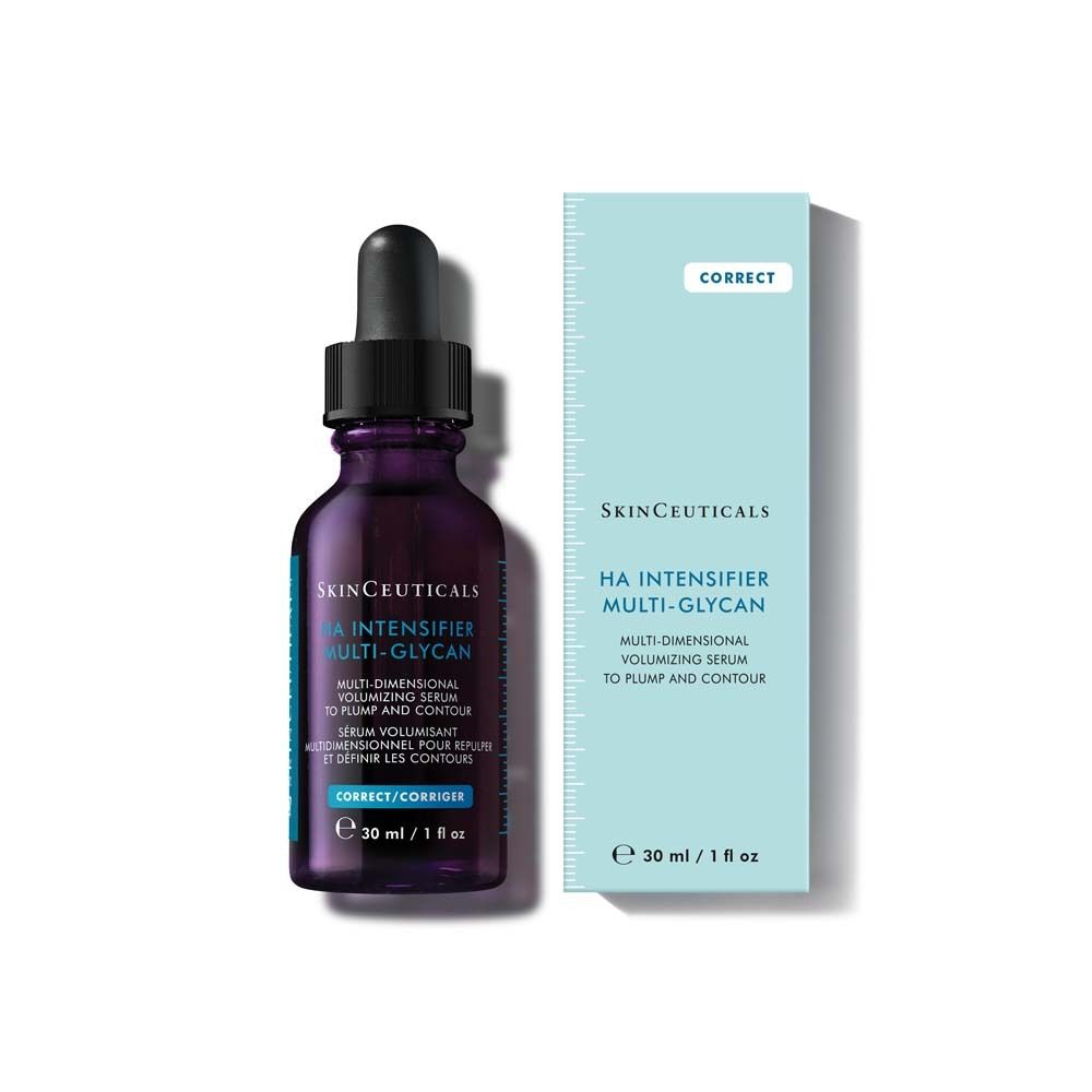 Flasche und Schachtel. Aufschrift: SkinCeuticals HA Intensifier Multi-Glycan. Volumen-Serum. Mit Pipette.