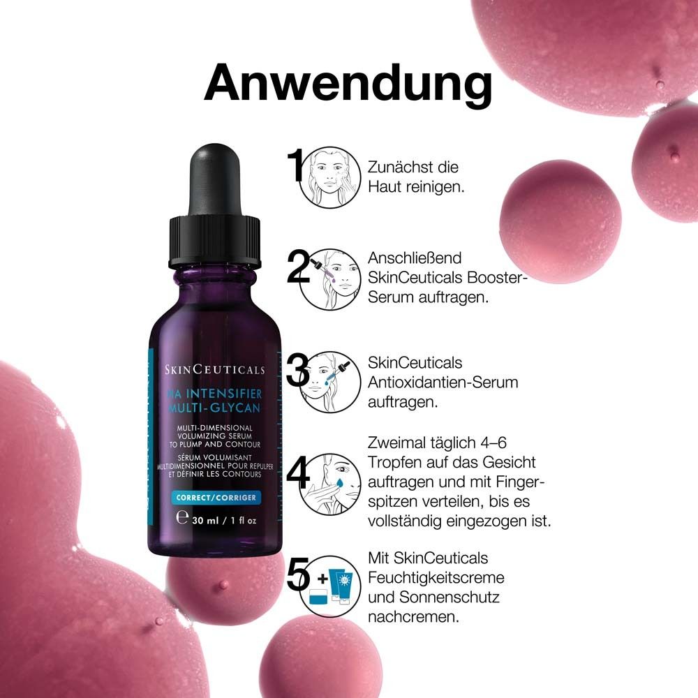 Anwendungsschritte. Flasche mit Pipette. Text: SkinCeuticals HA Intensifier Multi-Glycan. Volumen-Serum.