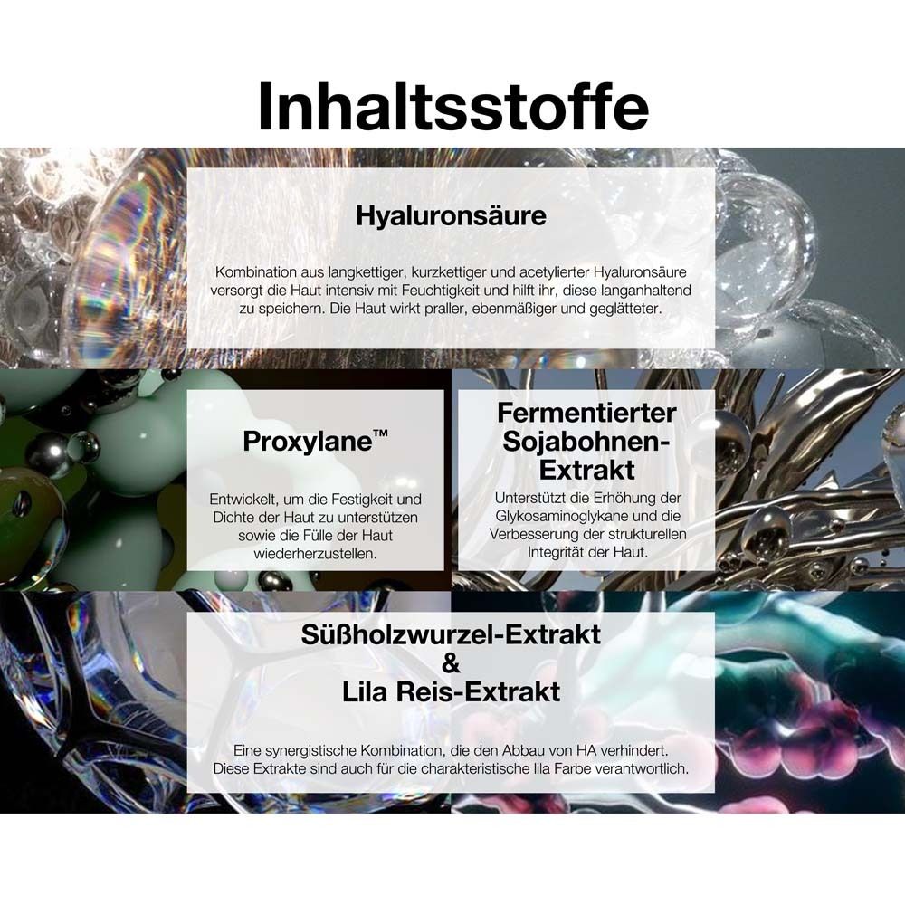 Inhaltsstoffe. Text: Hyaluronsäure, Pro-Xylane, fermentierter Sojabohnen-Extrakt, Süßholzwurzel-Extrakt.