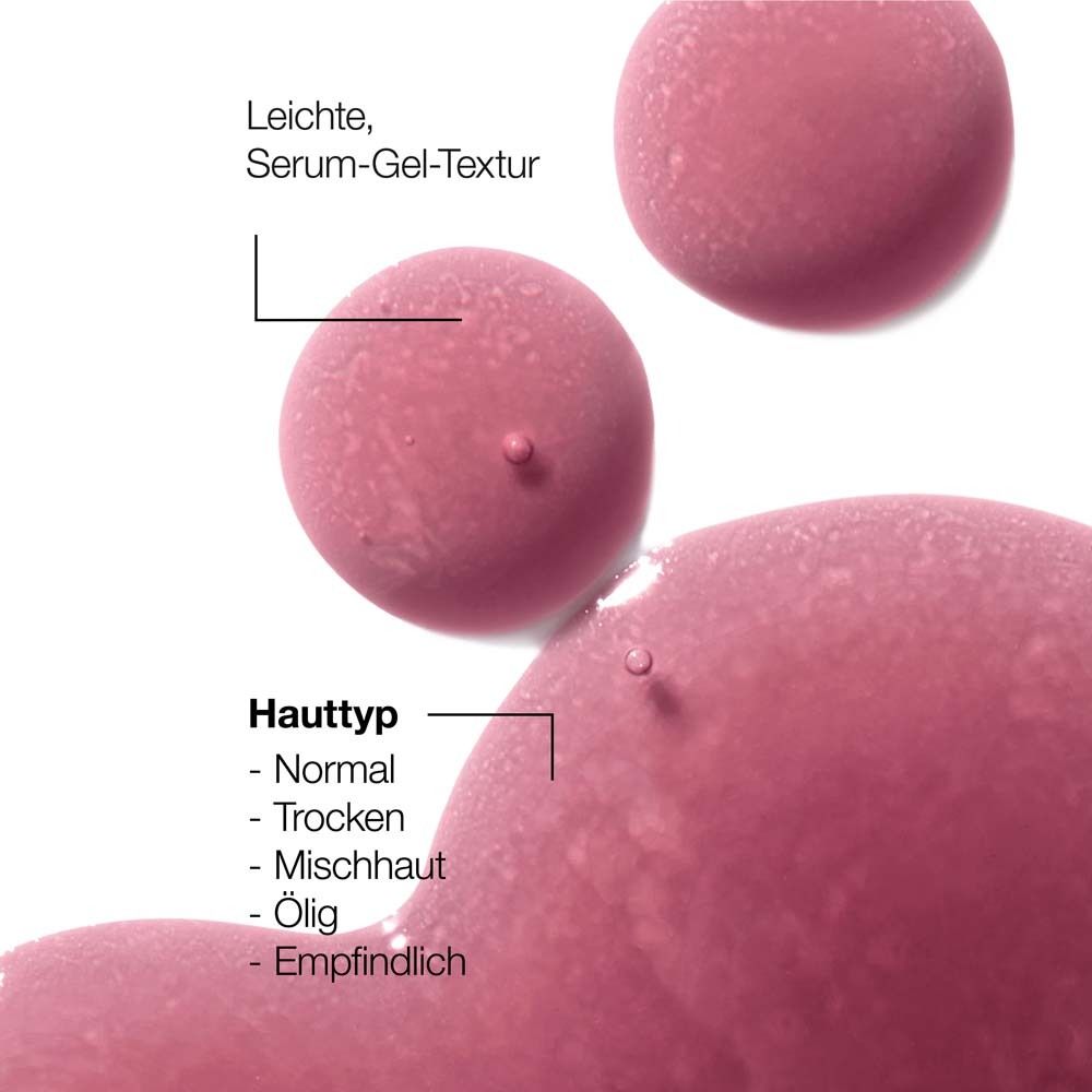 Hauttyp-Informationen. Text: Normal, Trocken, Mischhaut, Ölig, Empfindlich. Leichte Serum-Gel-Textur.