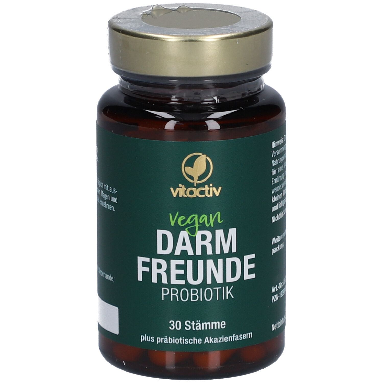 Braune Glasflasche mit grüner Aufschrift: vitactiv Vegan Darm Freunde Probiotik. 30 Stämme.