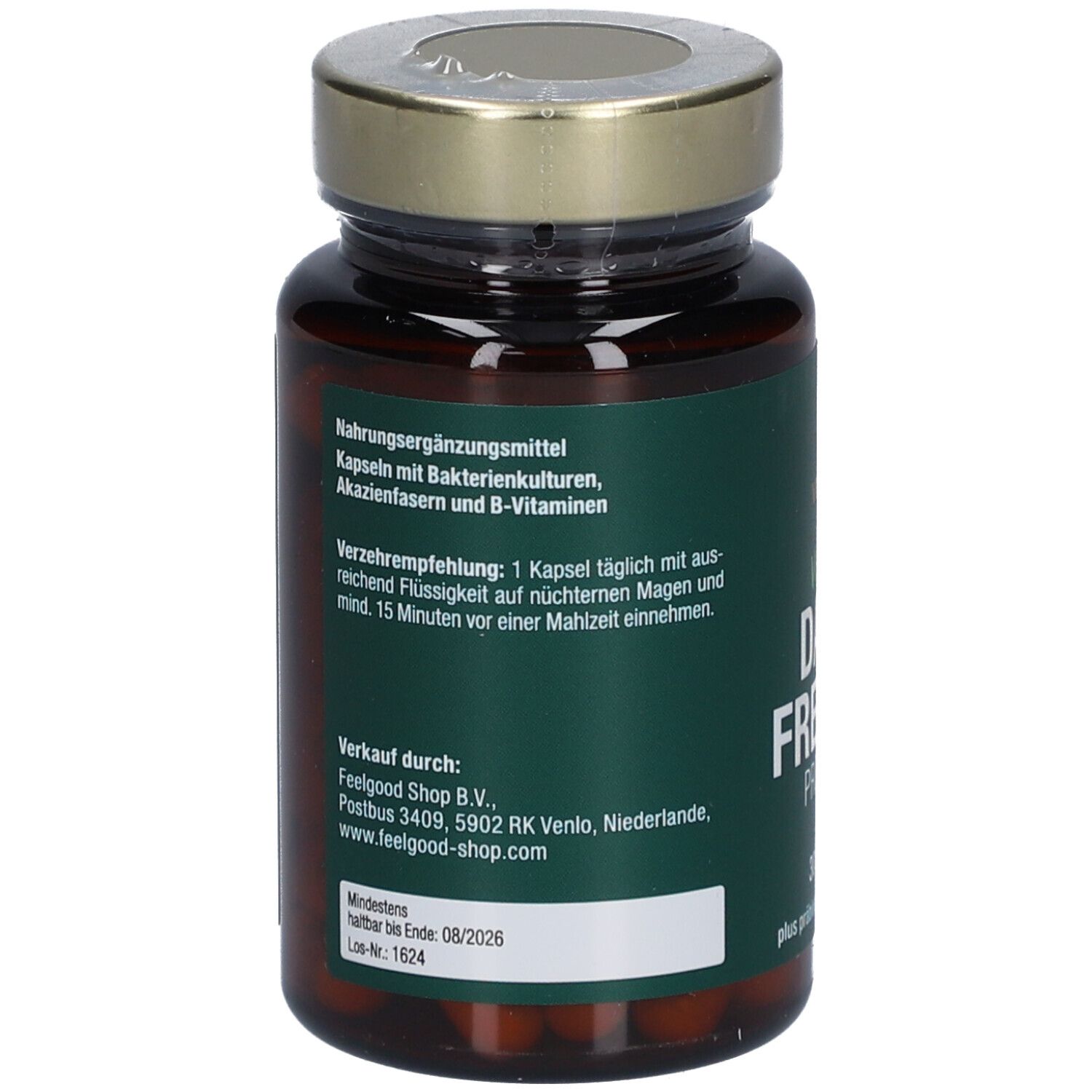 Rückseite der Flasche: Nahrungsergänzungsmittel, Kapseln mit Bakterienkulturen, Akazienfasern und B-Vitaminen. Verzehrempfehlung.