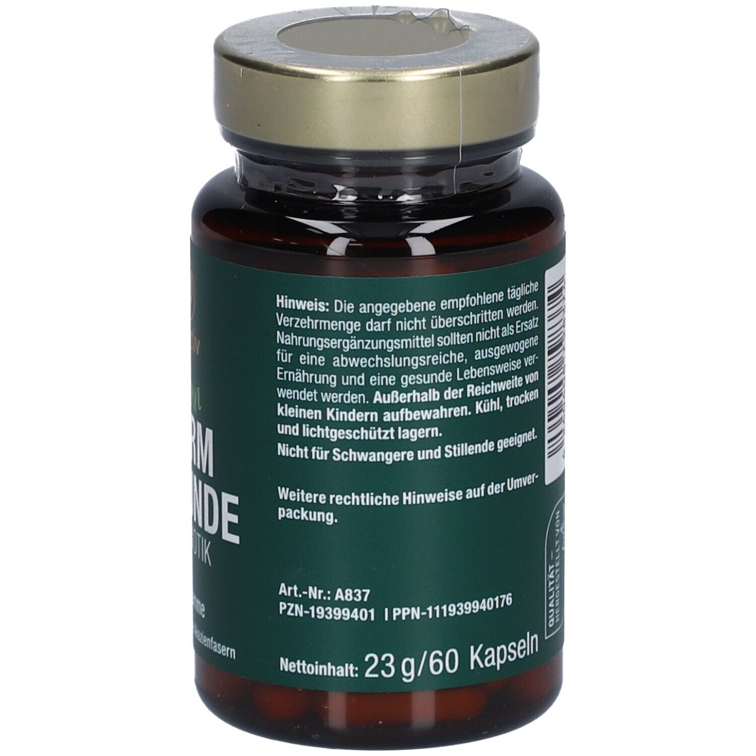 Rückseite der Flasche: Hinweise, Nettogewicht 23g/60 Kapseln, PZN-Nummer, Art.-Nr., Ippn-Nummer.