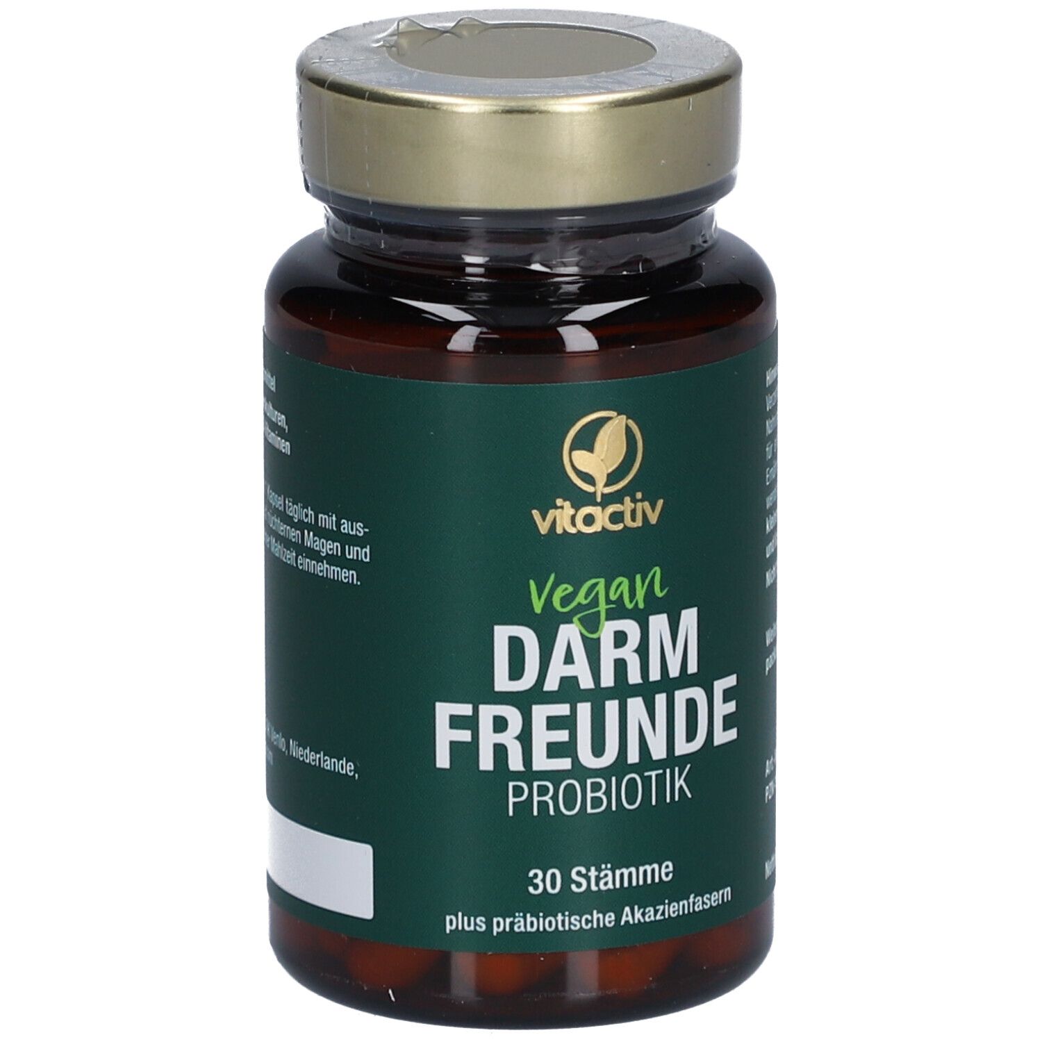 Braune Glasflasche mit grüner Aufschrift: vitactiv Vegan Darm Freunde Probiotik. 30 Stämme. Mit Verpackung.