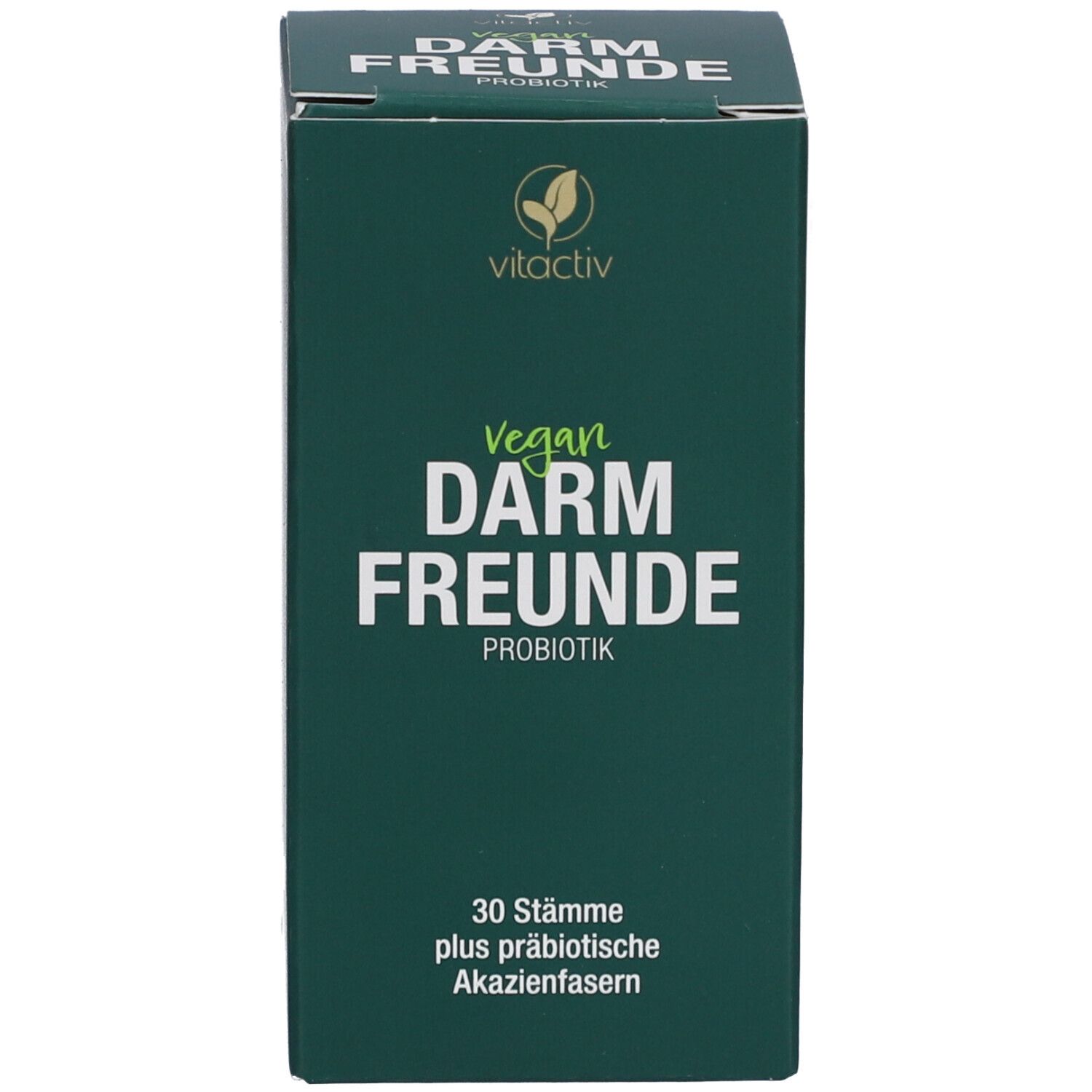 Grüne Verpackung: vitactiv Vegan Darm Freunde Probiotik. 30 Stämme plus präbiotische Akazienfasern.