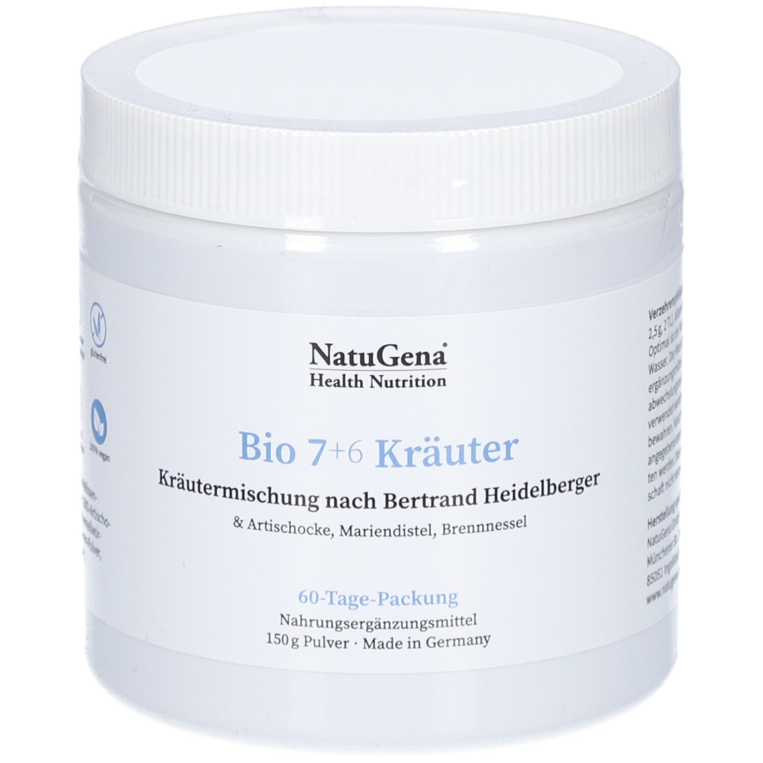 Récipient cylindrique blanc avec bouchon à vis. Inscription : Bio 7+6 Kräuter, emballage 60 jours, 150g de poudre.