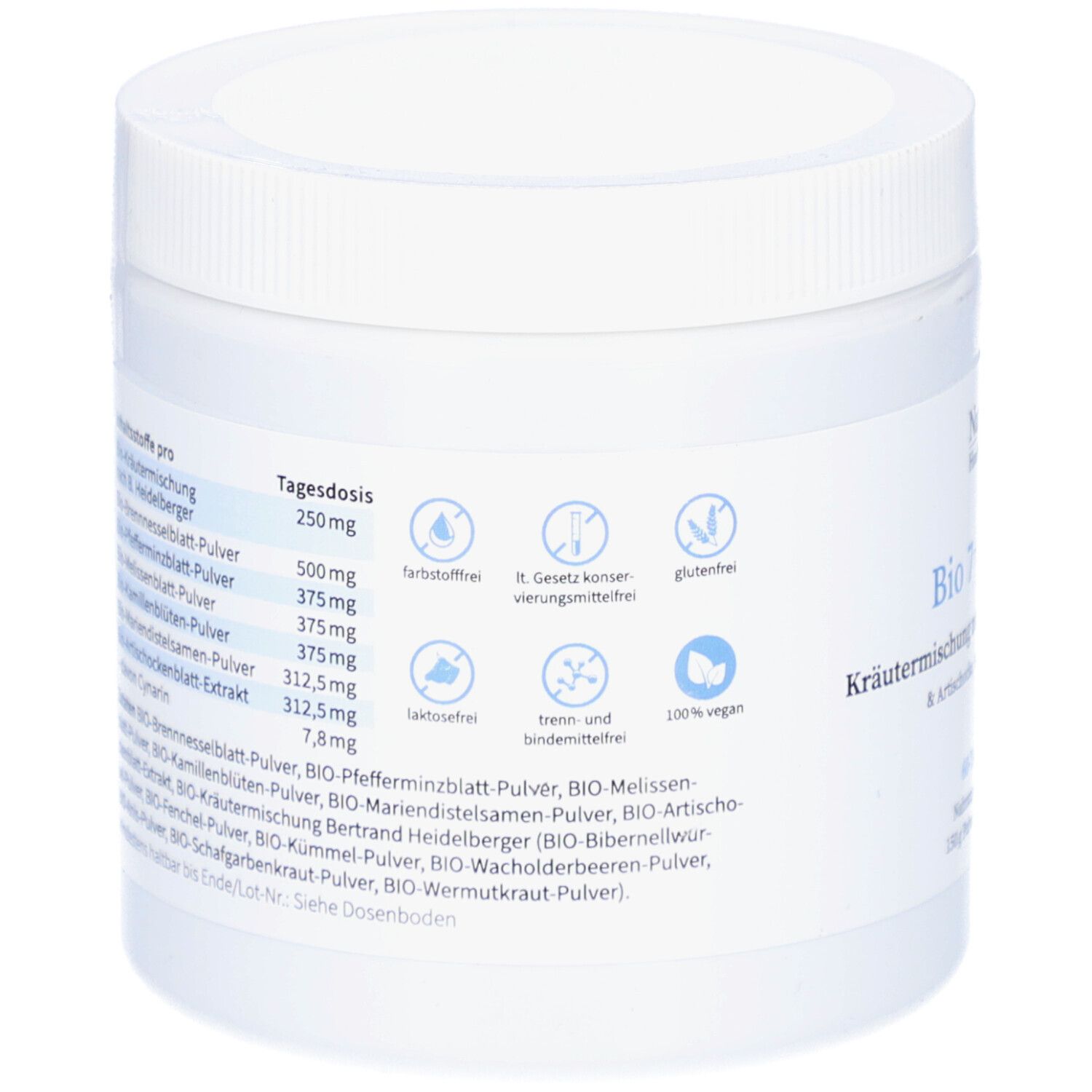 Récipient blanc avec impression. Sur le côté : ingrédients par dose quotidienne. Symboles : sans colorant, sans gluten, sans lactose, végétalien.