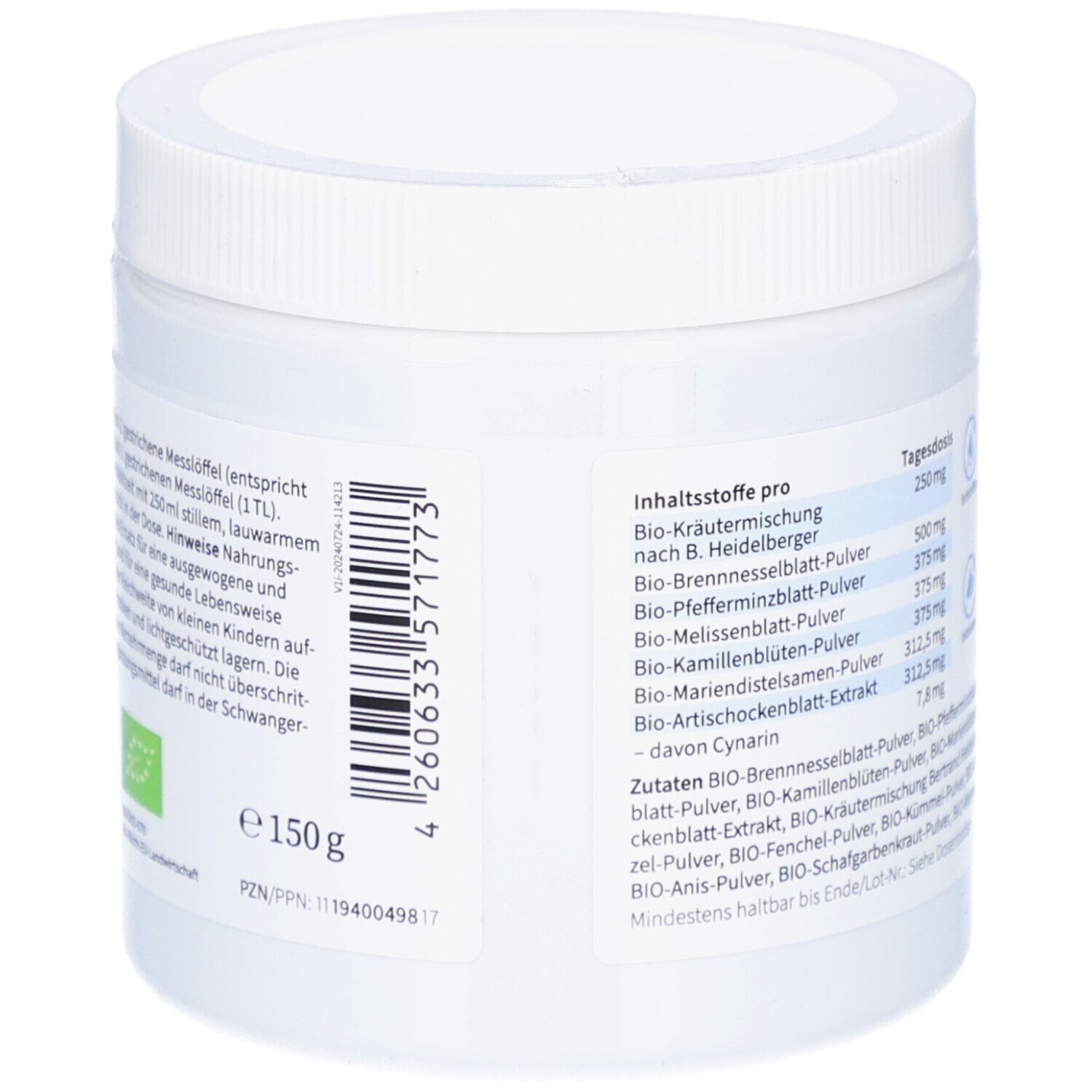 Récipient blanc avec impression. Sur le côté : ingrédients par dose quotidienne. Code-barres et indication de quantité : 150g.