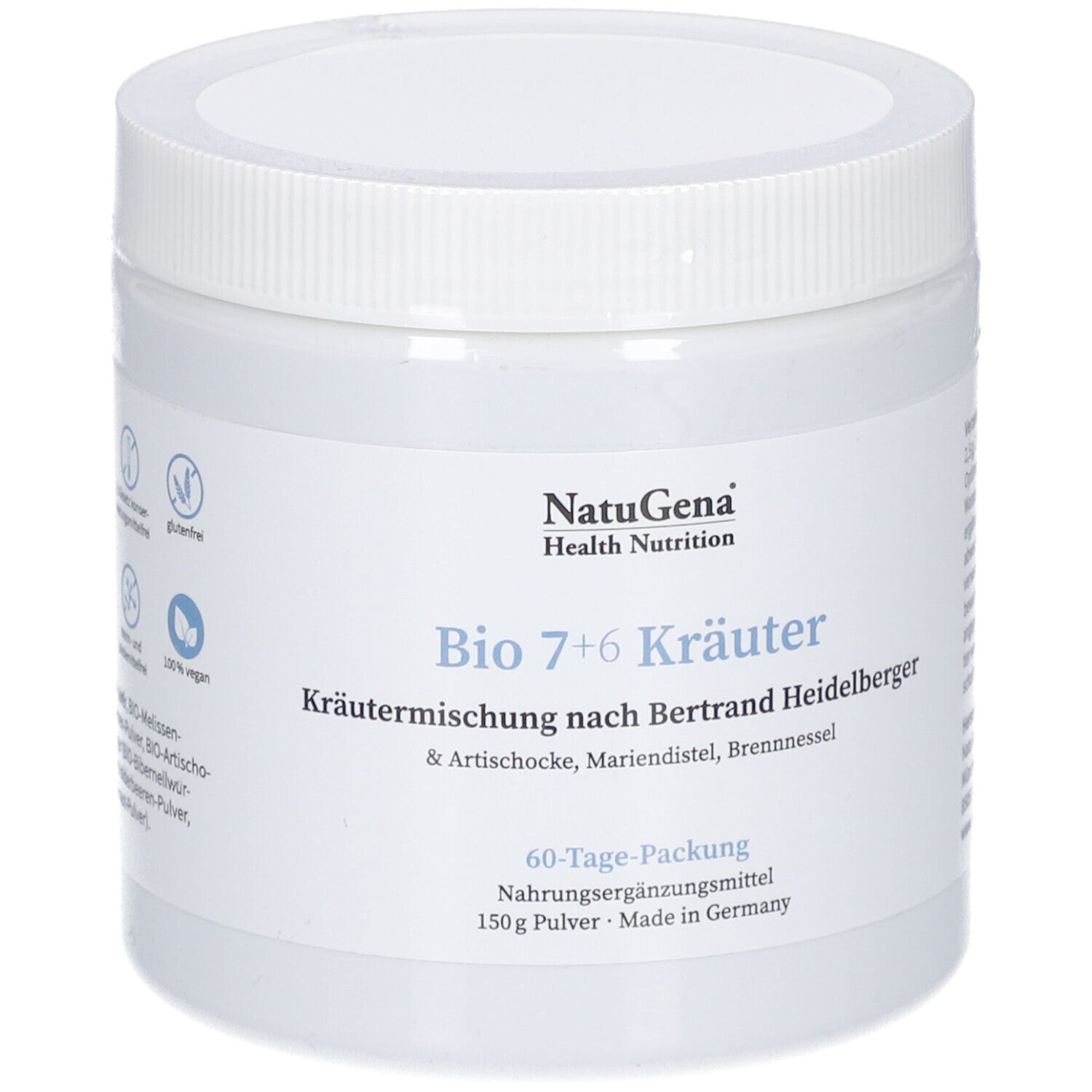 Récipient cylindrique blanc avec bouchon à vis. Inscription : Bio 7+6 Kräuter, emballage 60 jours, 150g de poudre. Logo : NatuGena.