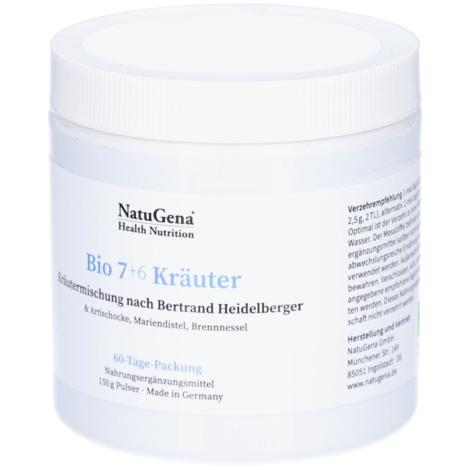Récipient blanc avec bouchon à vis. Inscription : Bio 7+6 Kräuter. Texte : Recommandations de consommation. Logo : NatuGena.