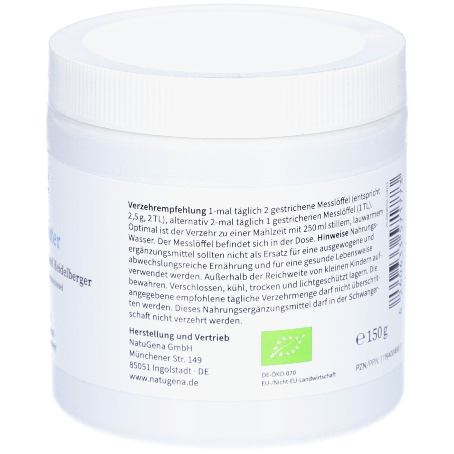 Récipient blanc avec bouchon à vis. Inscription : Recommandations de consommation. Logo : label bio. Indication de quantité : 150g.