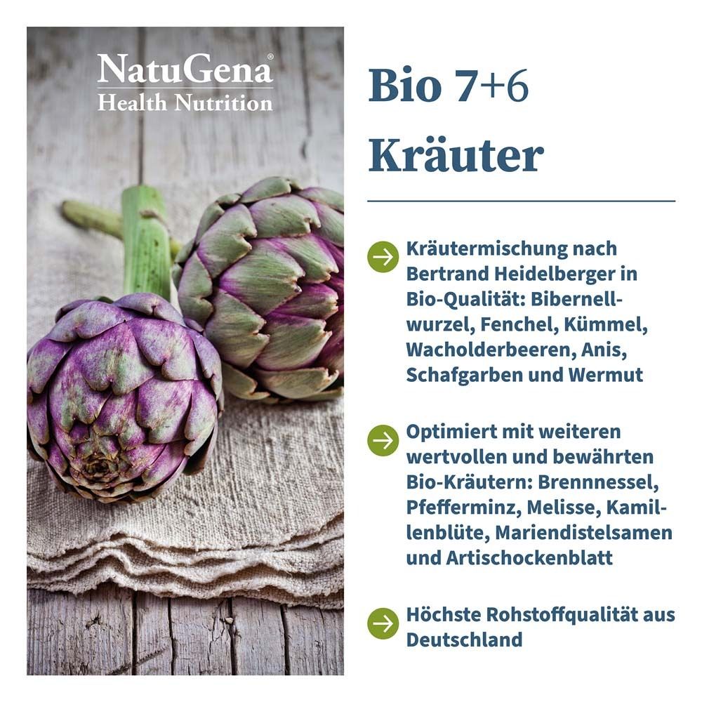 Werbetafel mit Artischocken und Text. Text: Bio 7+6 Kräuter, Kräutermischung nach Bertrand Heidelberger. 