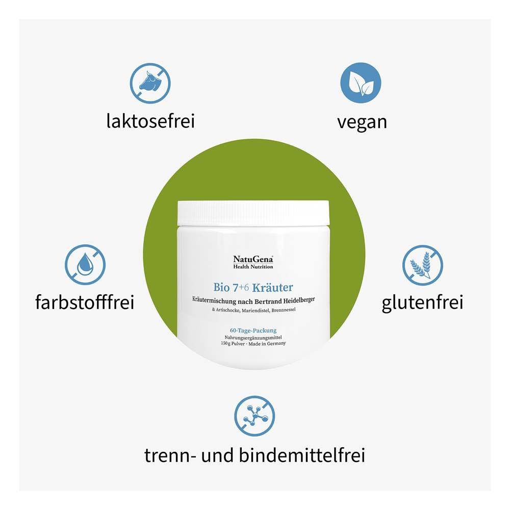 Produktglas mit Logos: laktosefrei, vegan, farbstofffrei, glutenfrei, trenn- und bindemittelfrei.