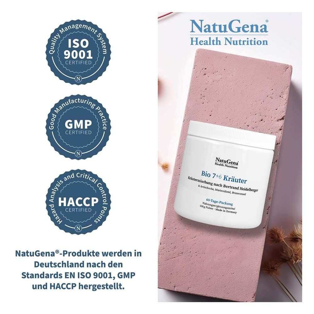Produktglas auf einer Oberfläche. Logos: ISO 9001, GMP, HACCP. Text: NatuGena-Produkte werden in Deutschland hergestellt.