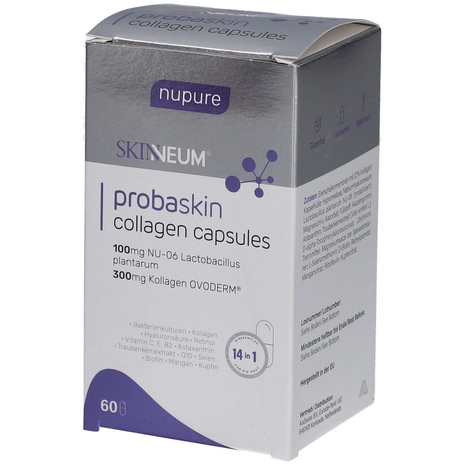 Schachtel mit nupure probaskin Kollagenkapseln. Aufschrift: probaskin collagen capsules, 60 Kapseln. Enthält Vitamine, Biotin & Q10.