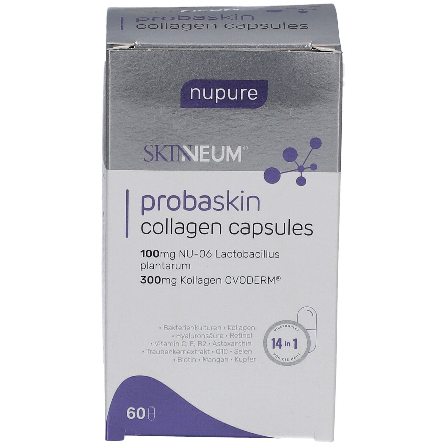 Schachtel mit nupure probaskin Kollagenkapseln. Aufschrift: probaskin collagen capsules, 60 Kapseln. Enthält Vitamine, Biotin & Q10. Ansicht von vorne.