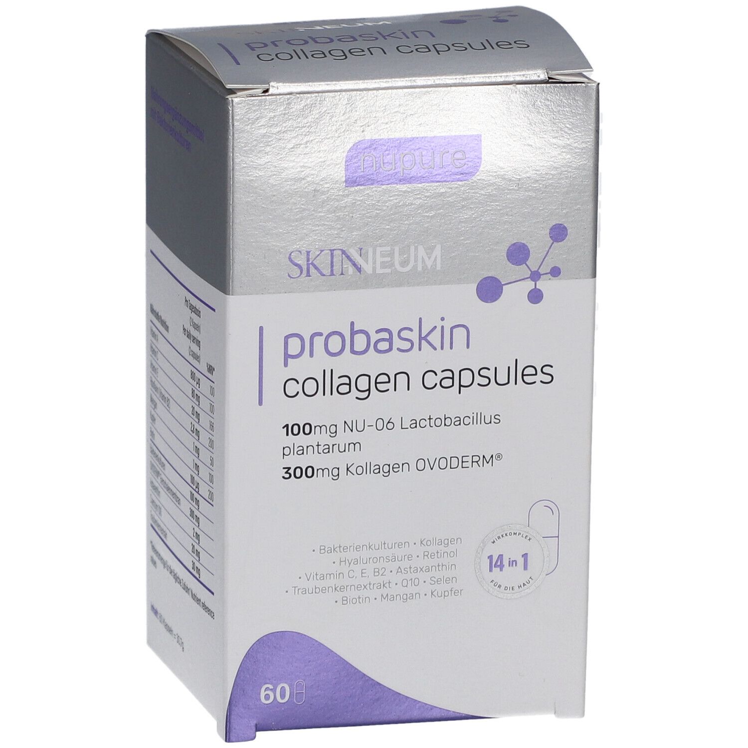 Schachtel mit nupure probaskin Kollagenkapseln. Aufschrift: probaskin collagen capsules, 60 Kapseln. Enthält Vitamine, Biotin & Q10. Ansicht von vorne.