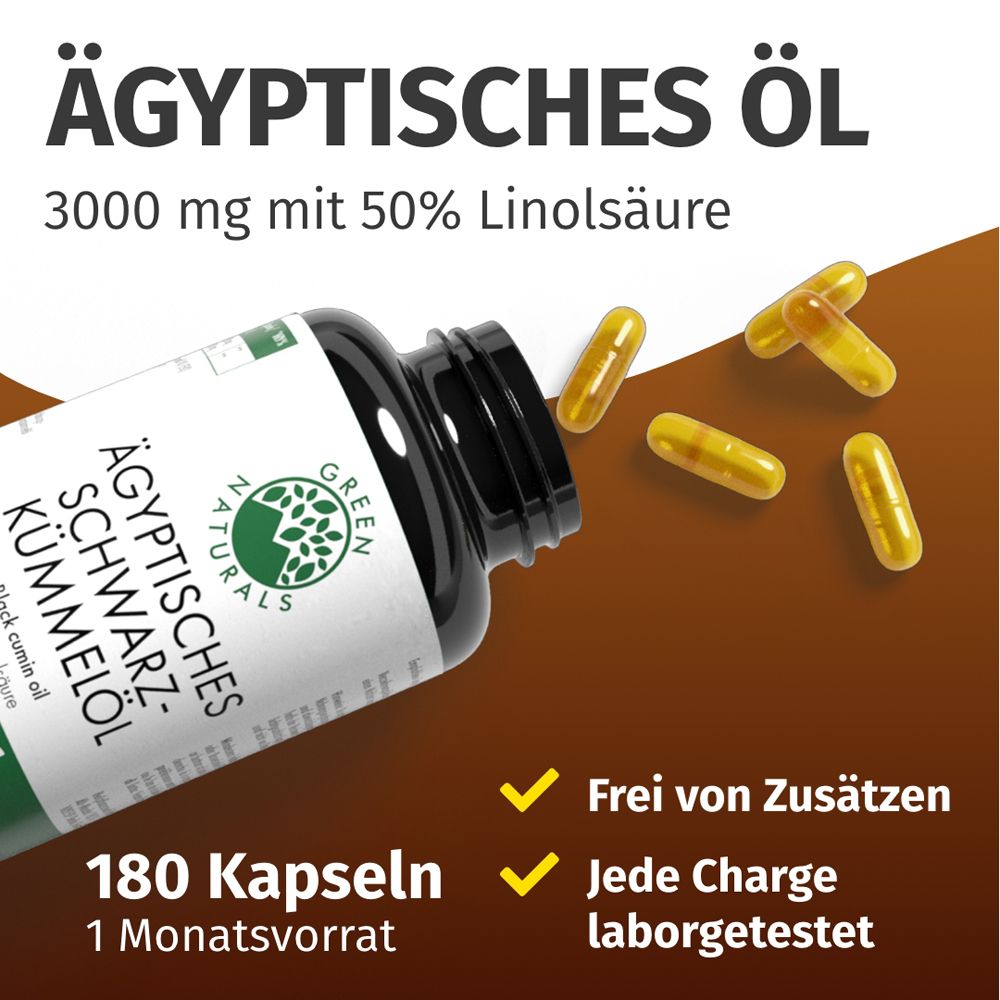Schwarzkümmelöl Kapseln, 3000 mg, 180 Kapseln. Einige Kapseln liegen neben der Dose.