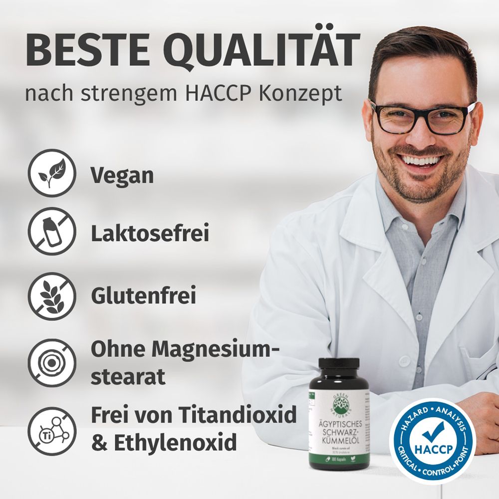Beste Qualität: Mann im Arztkittel, Siegel: Vegan, Laktosefrei, Glutenfrei, HACCP.
