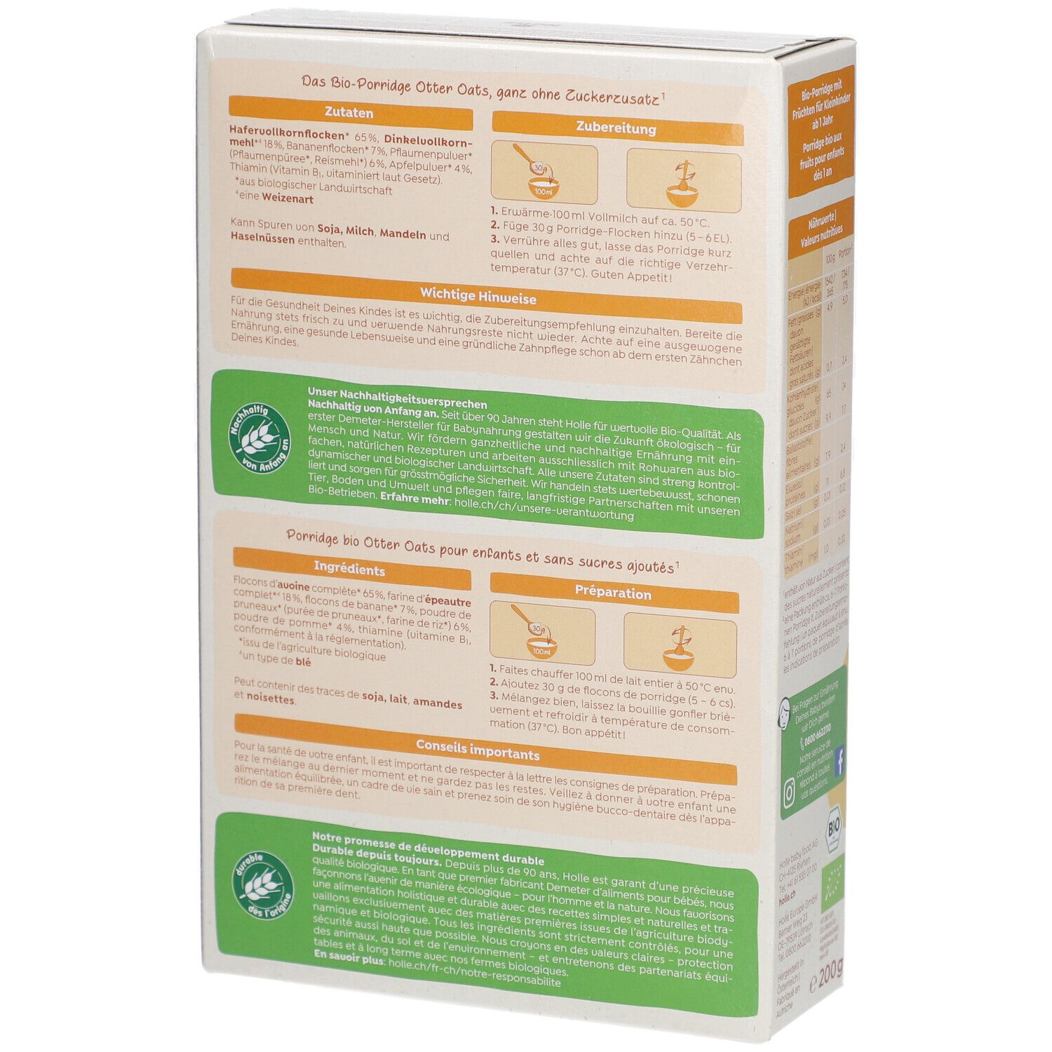 Holle Bio Otter Oats Porridge d'avoine - Avec épeautre, pomme, banane & pruneau